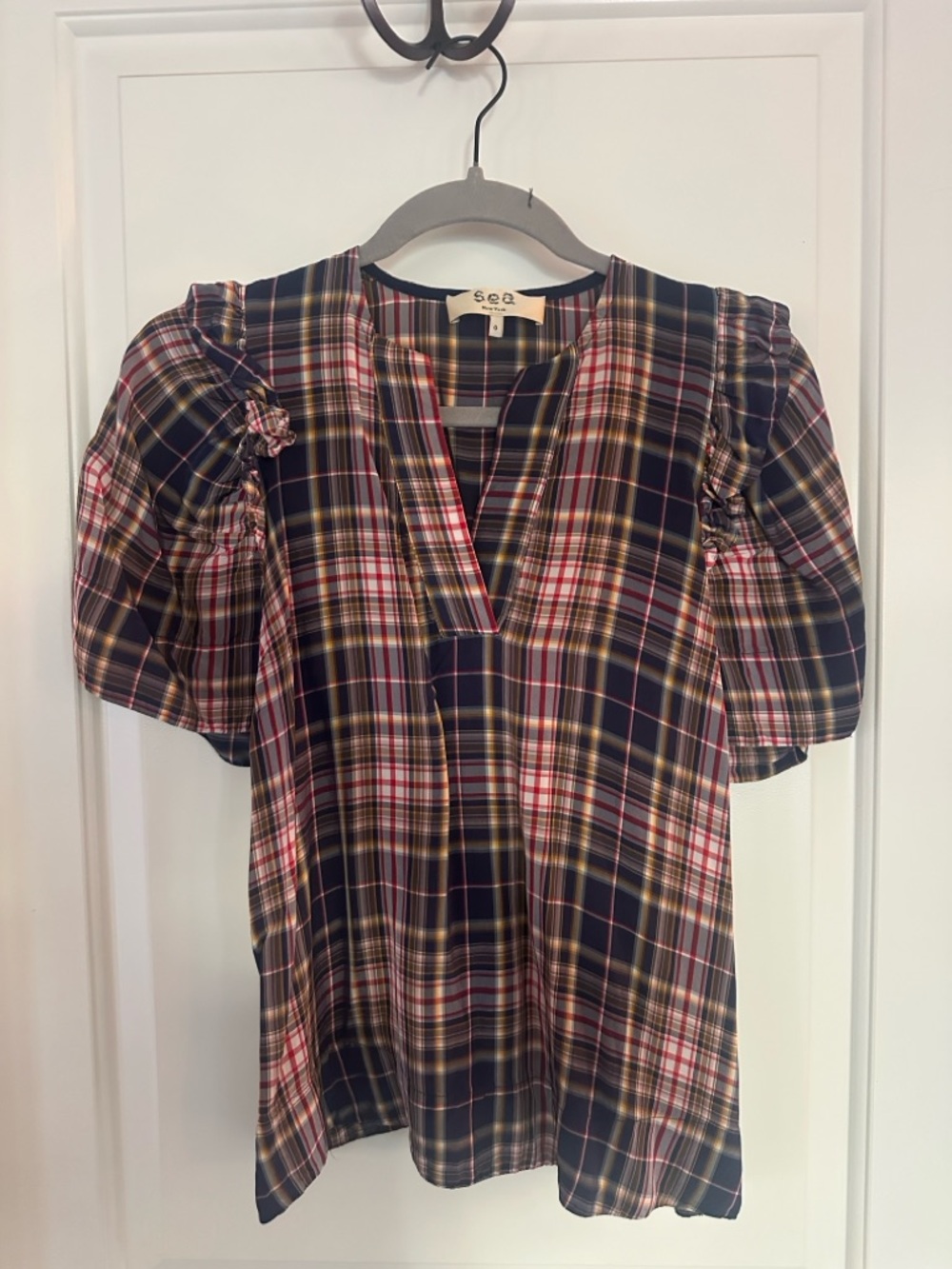 Sea New York Navy, Red & Yellow Plaid Puff-Sleeve V-Neck Blouse